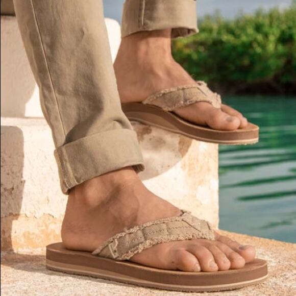 SANUK FRAID NOT ST TAN HEMP/LEATHER FLIP FLOPS - Picture 1 of 8